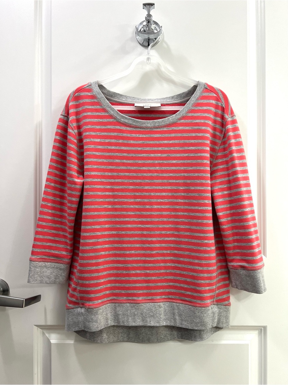 LOFT Coral and Gray Striped Sweatshirt Size M